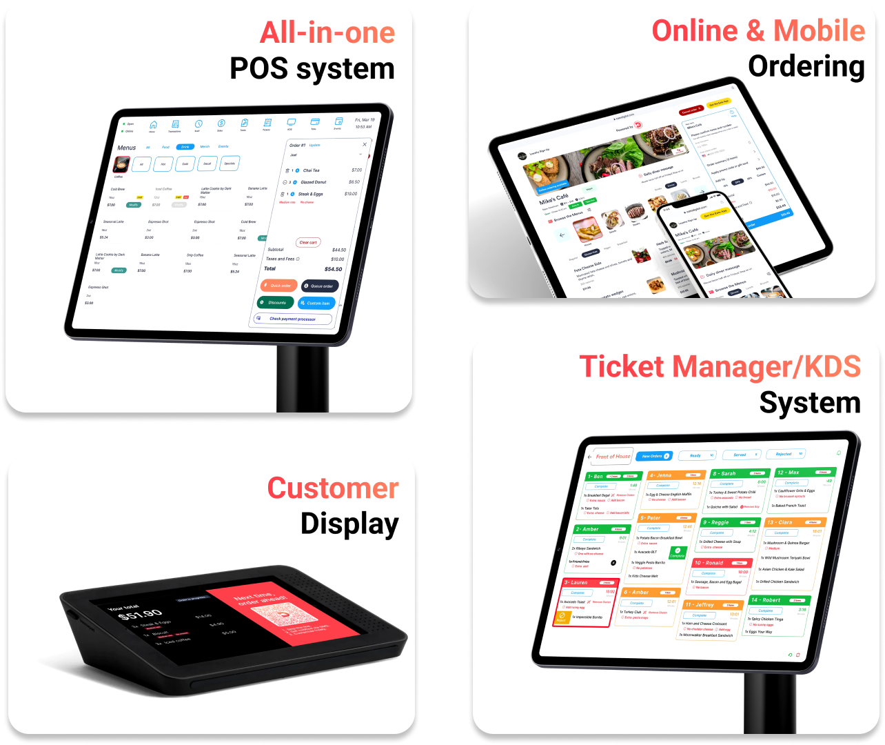 Eate offers a POS, online & mobile order, a customer display, and ticket manager/KDS